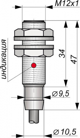 Датчик бесконтактный индуктивный И06-NC-PNP-HT(Л63, Lкаб=2,5м, индикация в корпус, штуцер Л63, гайка PA6)