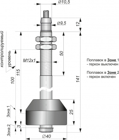 Датчик герконовый поплавковый уровня жидкости DFG 40.25-B1-NO/NC-100.12-M12x1-F